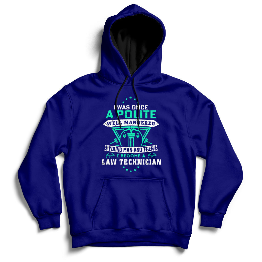 Dark blue pullover hoodie with front pocket, hood, and colorful law-themed graphic logo.