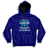 Dark blue pullover hoodie with front pocket, hood, and colorful law-themed graphic logo.
