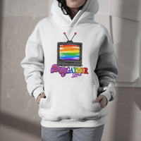 White hoodie with front graphic of rainbow gaming controller and hood strings