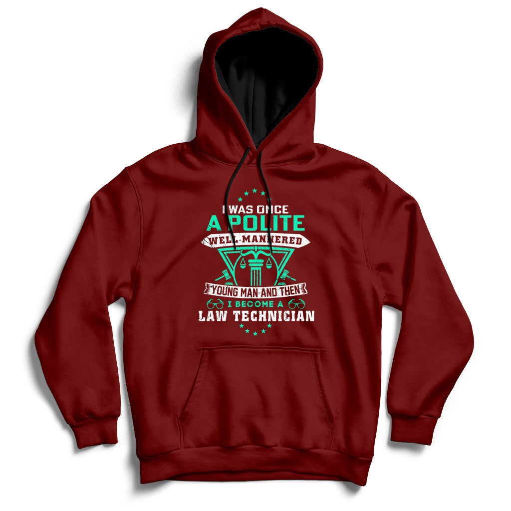 Maroon pullover hoodie with front pocket, hood, and colorful law-themed graphic logo.