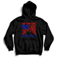 Black hoodie with US-flag themed graphic and text: “CAN’T WORK TODAY” and “MY ARM IS IN A CAST”.