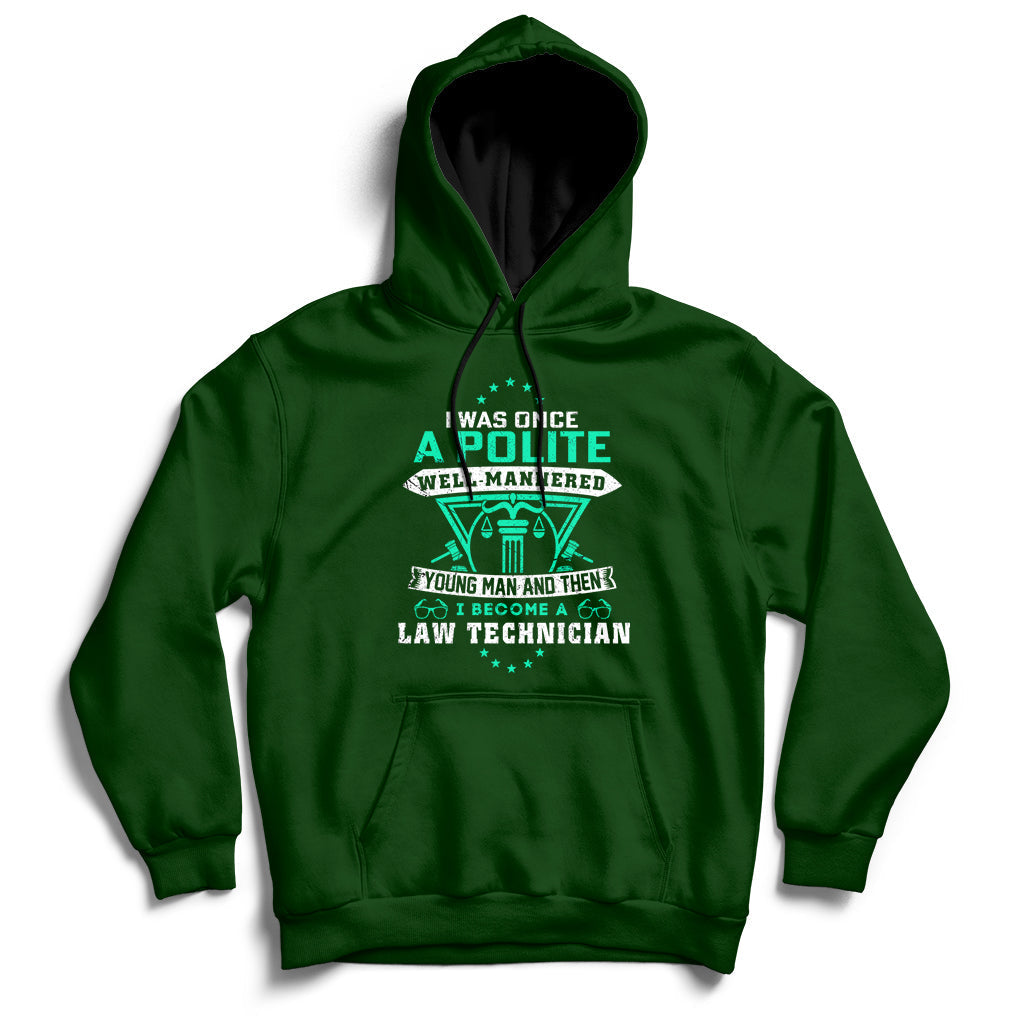 Forest green pullover hoodie with front pocket, hood, and colorful law-themed graphic logo.