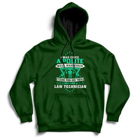 Forest green pullover hoodie with front pocket, hood, and colorful law-themed graphic logo.
