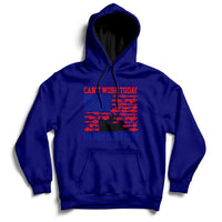 Royal blue hoodie with US-flag themed graphic and text: “CAN’T WORK TODAY” and “MY ARM IS IN A CAST”.