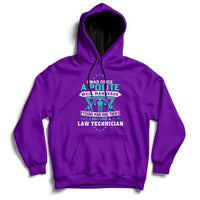 Purple pullover hoodie with front pocket, hood, and colorful law-themed graphic logo.