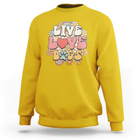 Daisy yellow sweatshirt with “LIVE LOVE DOGS” graphic and colorful paw and flower design