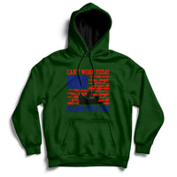 Green hoodie with US-flag themed graphic and text: “CAN’T WORK TODAY” and “MY ARM IS IN A CAST”.