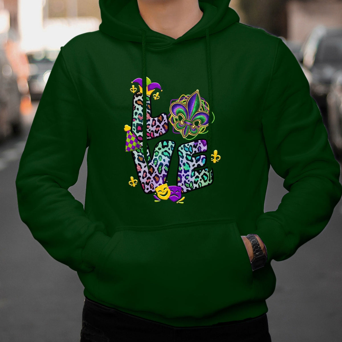 Love Mardi Gras Leopard Mardi Gras Costume Carnival Beads And Bling Hoodie - Wonder Print Shop