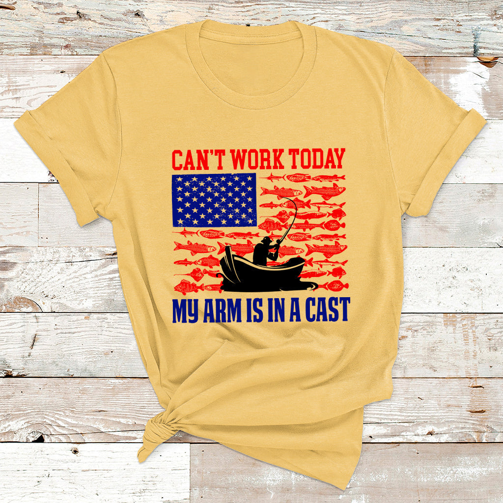 I Can't Work Today My Arm Is In A Cast Fishing Lover US Flag T Shirt - Wonder Print Shop