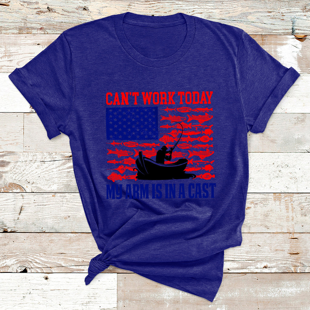 I Can't Work Today My Arm Is In A Cast Fishing Lover US Flag T Shirt - Wonder Print Shop