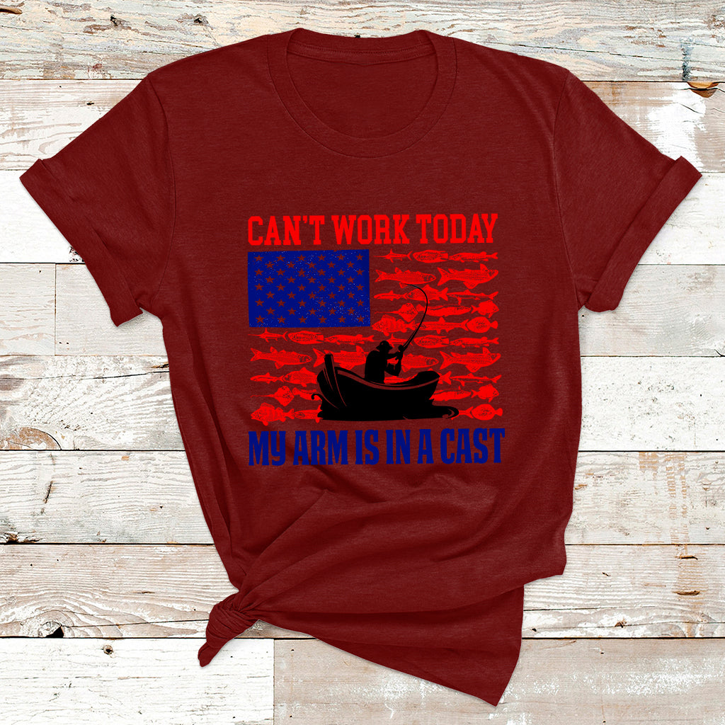 I Can't Work Today My Arm Is In A Cast Fishing Lover US Flag T Shirt - Wonder Print Shop