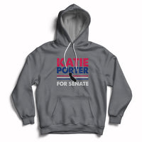 Charcoal gray hoodie with front pocket, drawstring, and 'KATIE PORTER FOR SENATE' graphic