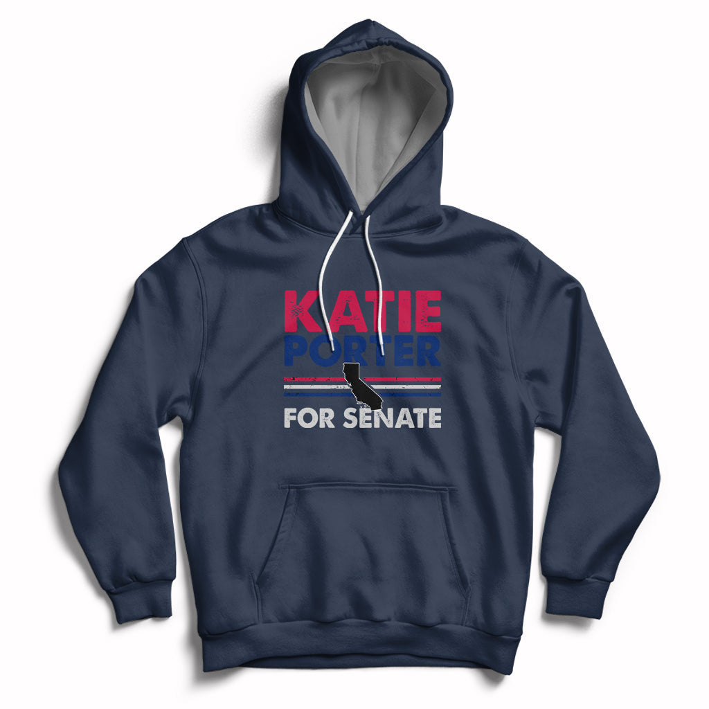 Navy hoodie with front pocket, drawstring, and 'KATIE PORTER FOR SENATE' graphic