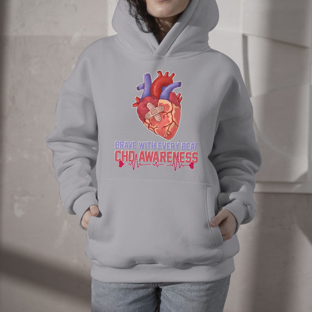 Brave With Every Beat CHD Heart Disease Red And Blue Ribbon Hoodie - Wonder Print Shop