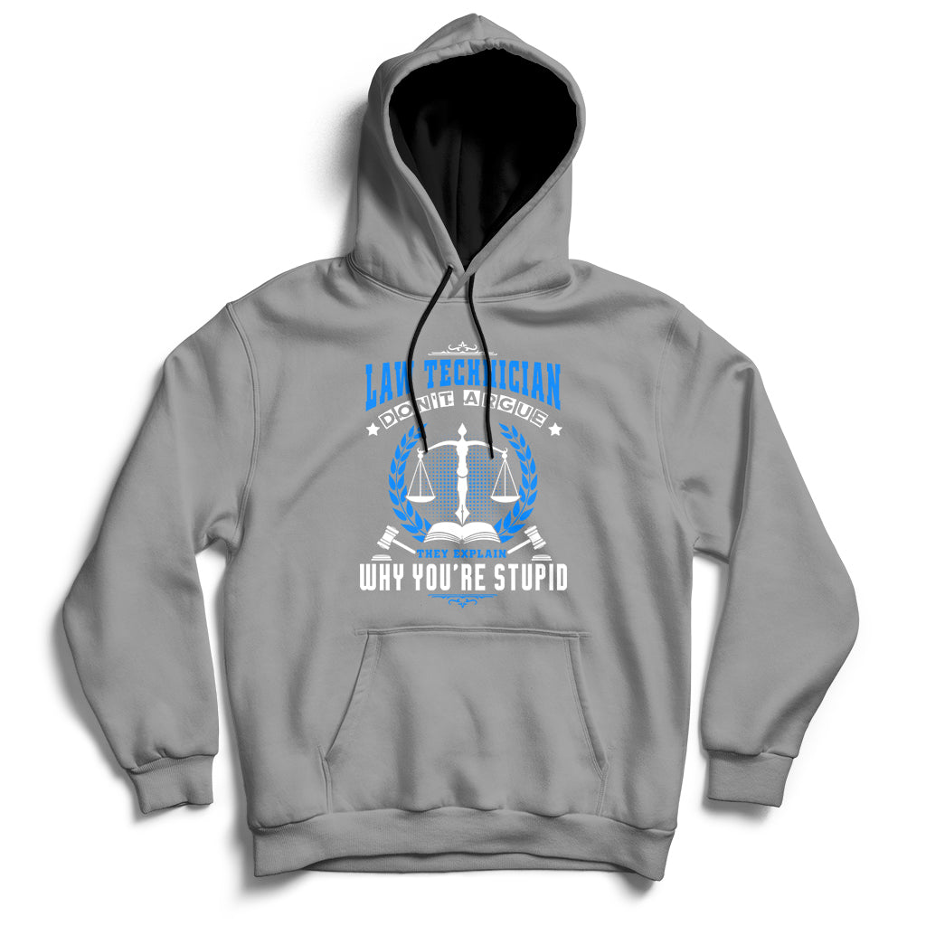 Gray hoodie with front graphic of scales and text, hood and kangaroo pocket