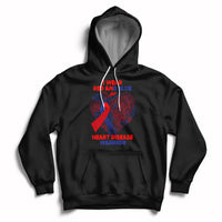 Black pullover hoodie with hood and kangaroo pocket; red/blue heart warrior graphic