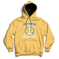 Daisy yellow hoodie with front graphic of scales and text, hood and kangaroo pocket