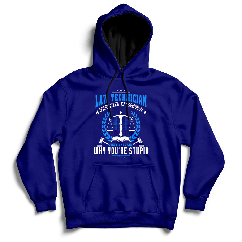 Navy hoodie with front graphic of scales and text, hood and kangaroo pocket