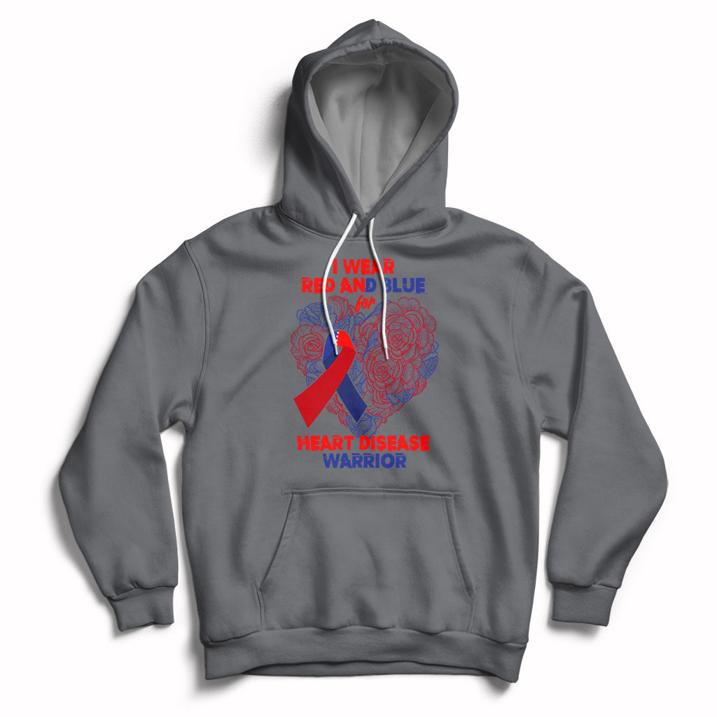 Dark gray pullover hoodie with hood and kangaroo pocket; red/blue heart warrior graphic