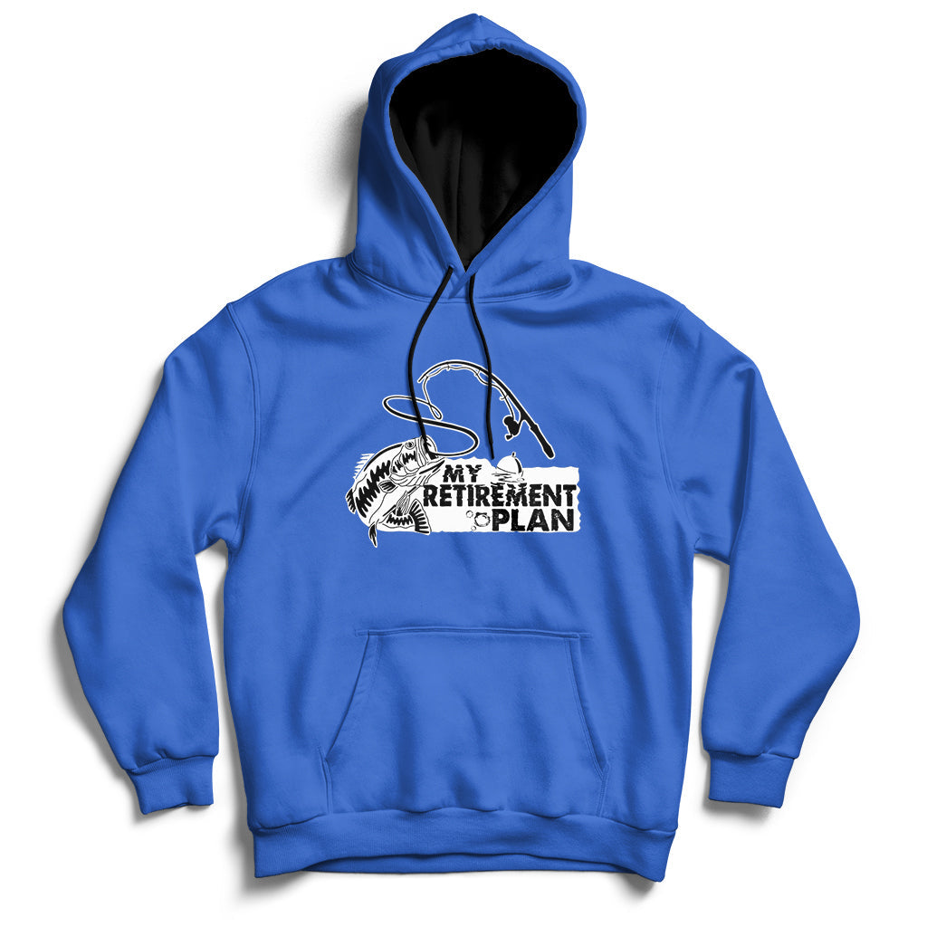 Royal blue retired fishing hoodie with front pocket and fishing-themed “My Retirement Plan” logo