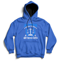 Royal blue hoodie with front graphic of scales and text, hood and kangaroo pocket