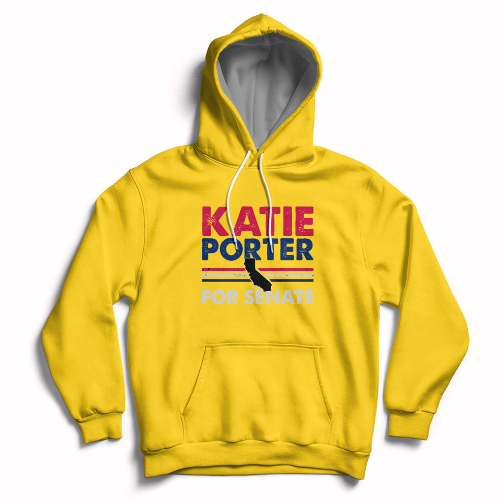 Daisy yellow hoodie with front pocket, drawstring, and 'KATIE PORTER FOR SENATE' graphic