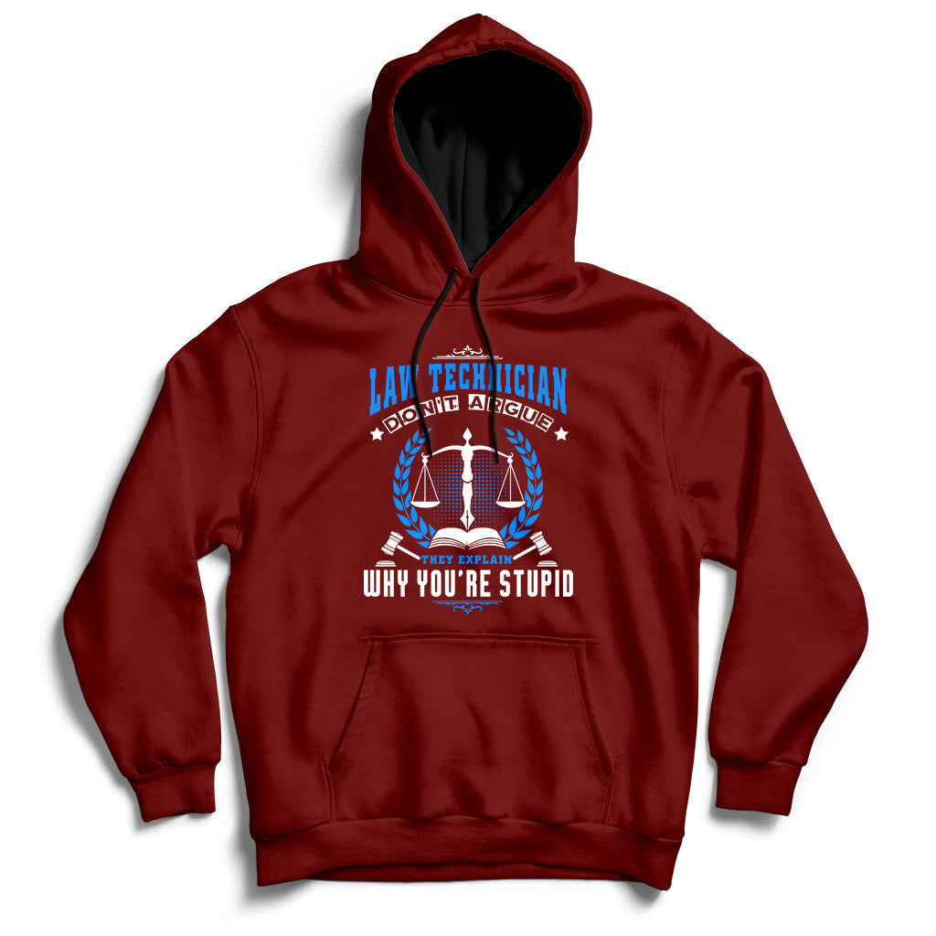 Maroon hoodie with front graphic of scales and text, hood and kangaroo pocket