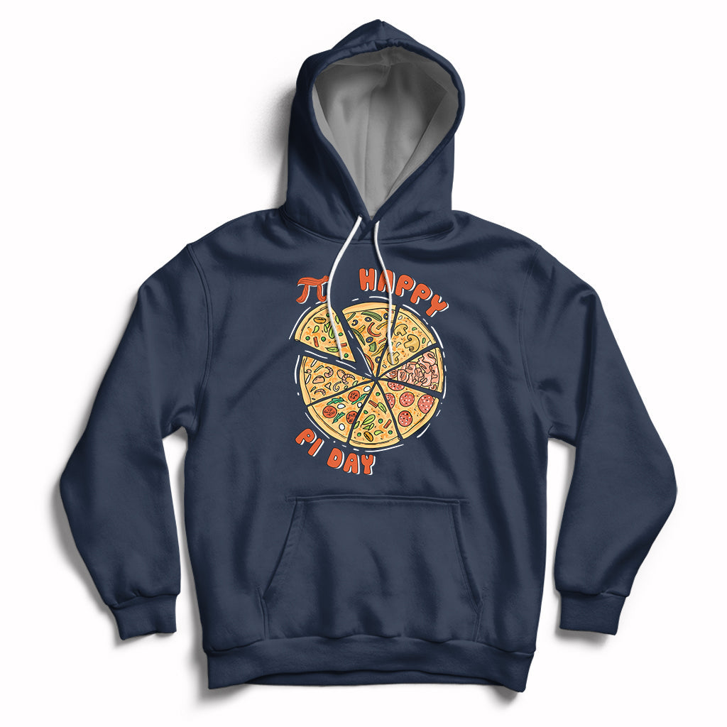 Navy hoodie with hood drawstrings, kangaroo pocket, and Happy Pi Day pizza graphic
