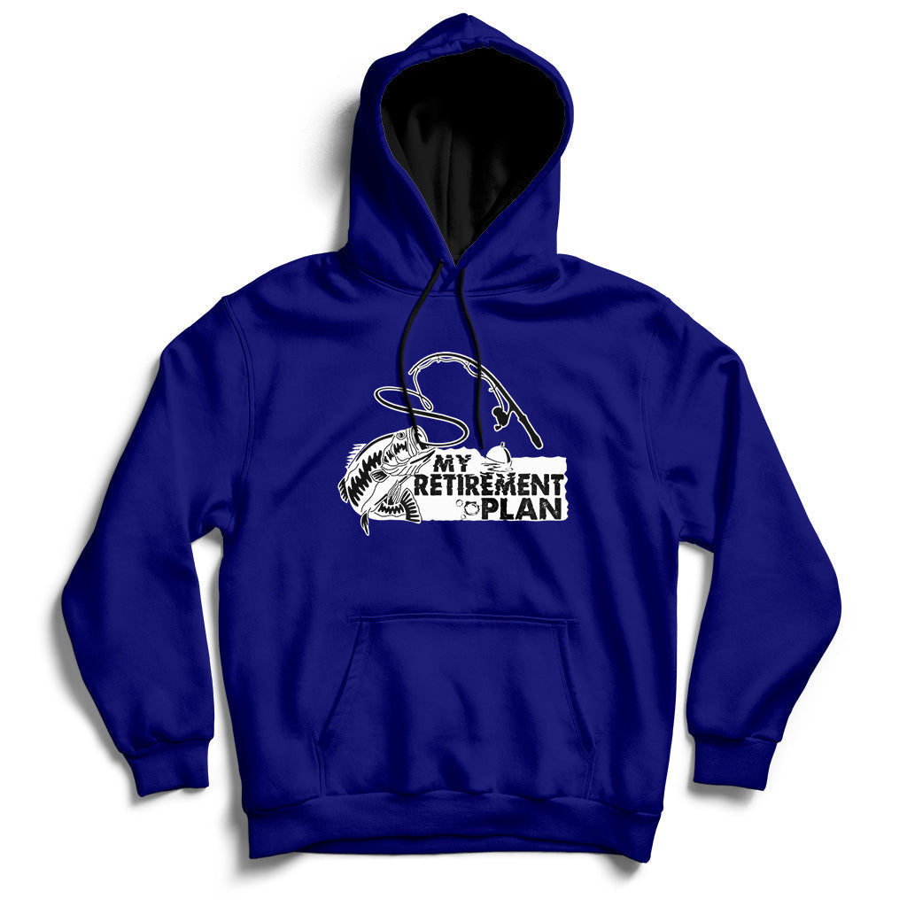 Navy retired fishing hoodie with front pocket and fishing-themed “My Retirement Plan” logo