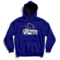 Navy retired fishing hoodie with front pocket and fishing-themed “My Retirement Plan” logo
