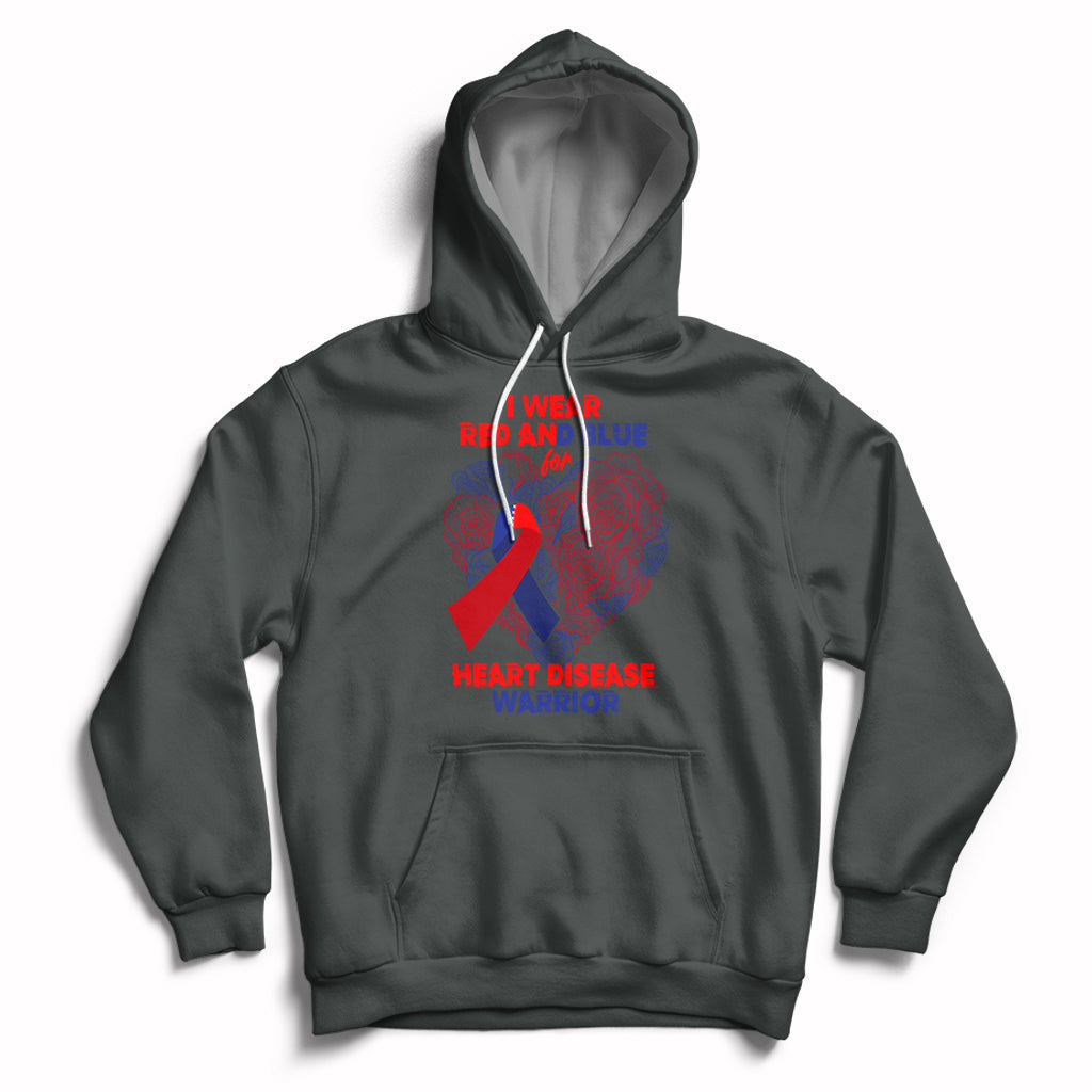 Charcoal pullover hoodie with hood and kangaroo pocket; red/blue heart warrior graphic