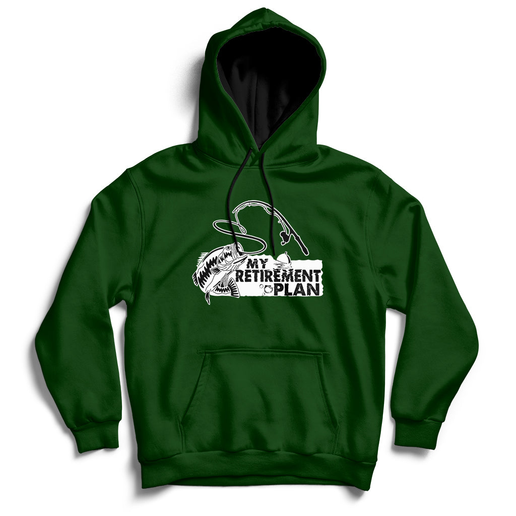 Forest green retired fishing hoodie with front pocket and fishing-themed “My Retirement Plan” logo