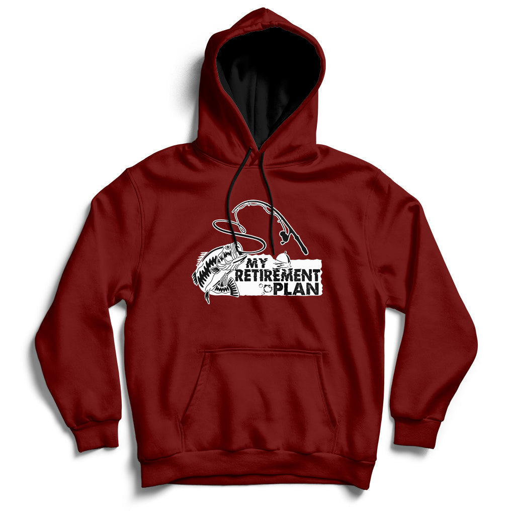 Maroon retired fishing hoodie with front pocket and fishing-themed “My Retirement Plan” logo