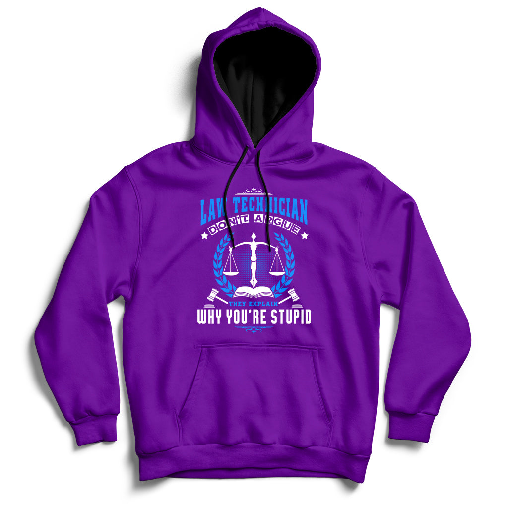 Purple hoodie with front graphic of scales and text, hood and kangaroo pocket