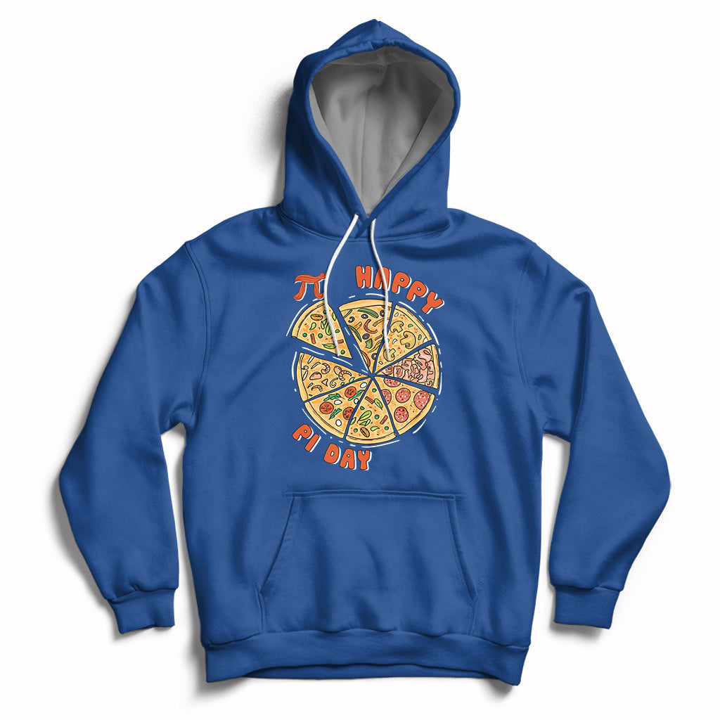 Royal blue hoodie with hood drawstrings, kangaroo pocket, and Happy Pi Day pizza graphic