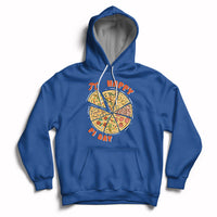 Royal blue hoodie with hood drawstrings, kangaroo pocket, and Happy Pi Day pizza graphic