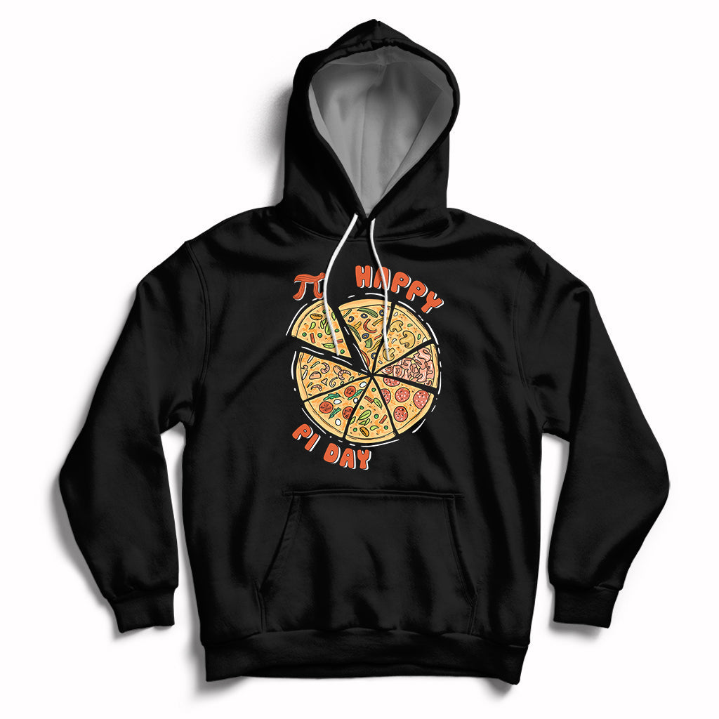 Black hoodie with hood drawstrings, kangaroo pocket, and Happy Pi Day pizza graphic