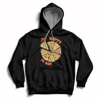 Black hoodie with hood drawstrings, kangaroo pocket, and Happy Pi Day pizza graphic