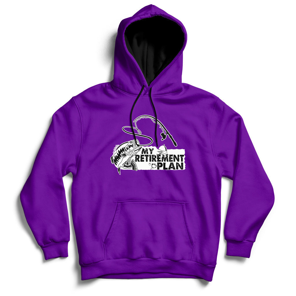 Purple retired fishing hoodie with front pocket and fishing-themed “My Retirement Plan” logo