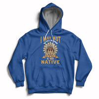 Native hoodie in royal blue with front emblem graphic and large statement text