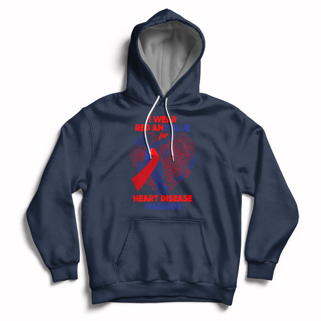 Navy pullover hoodie with hood and kangaroo pocket; red/blue heart warrior graphic