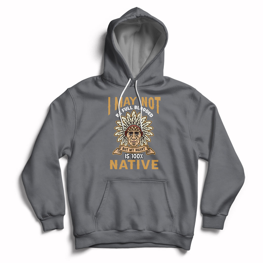 Native hoodie in charcoal gray with front emblem graphic and large statement text