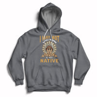 Native hoodie in charcoal gray with front emblem graphic and large statement text