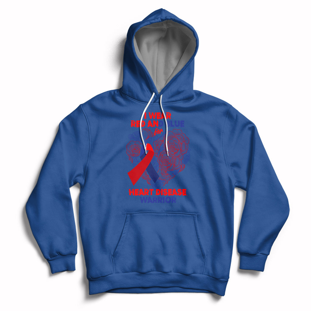 Royal blue pullover hoodie with hood and kangaroo pocket; red/blue heart warrior graphic