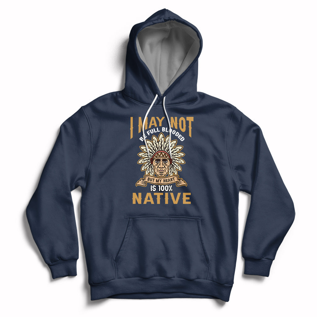 Native hoodie in navy with front emblem graphic and large statement text