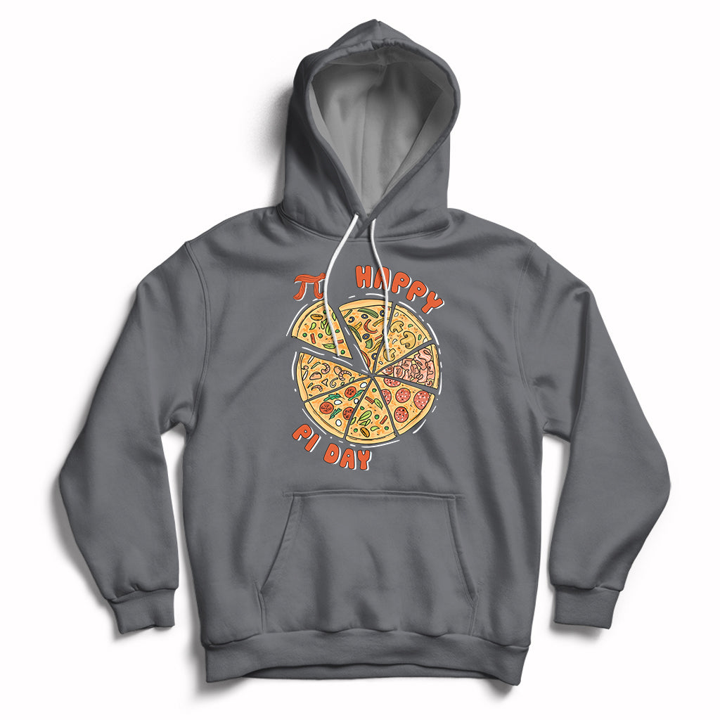 Charcoal gray hoodie with hood drawstrings, kangaroo pocket, and Happy Pi Day pizza graphic