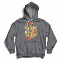 Charcoal gray hoodie with hood drawstrings, kangaroo pocket, and Happy Pi Day pizza graphic