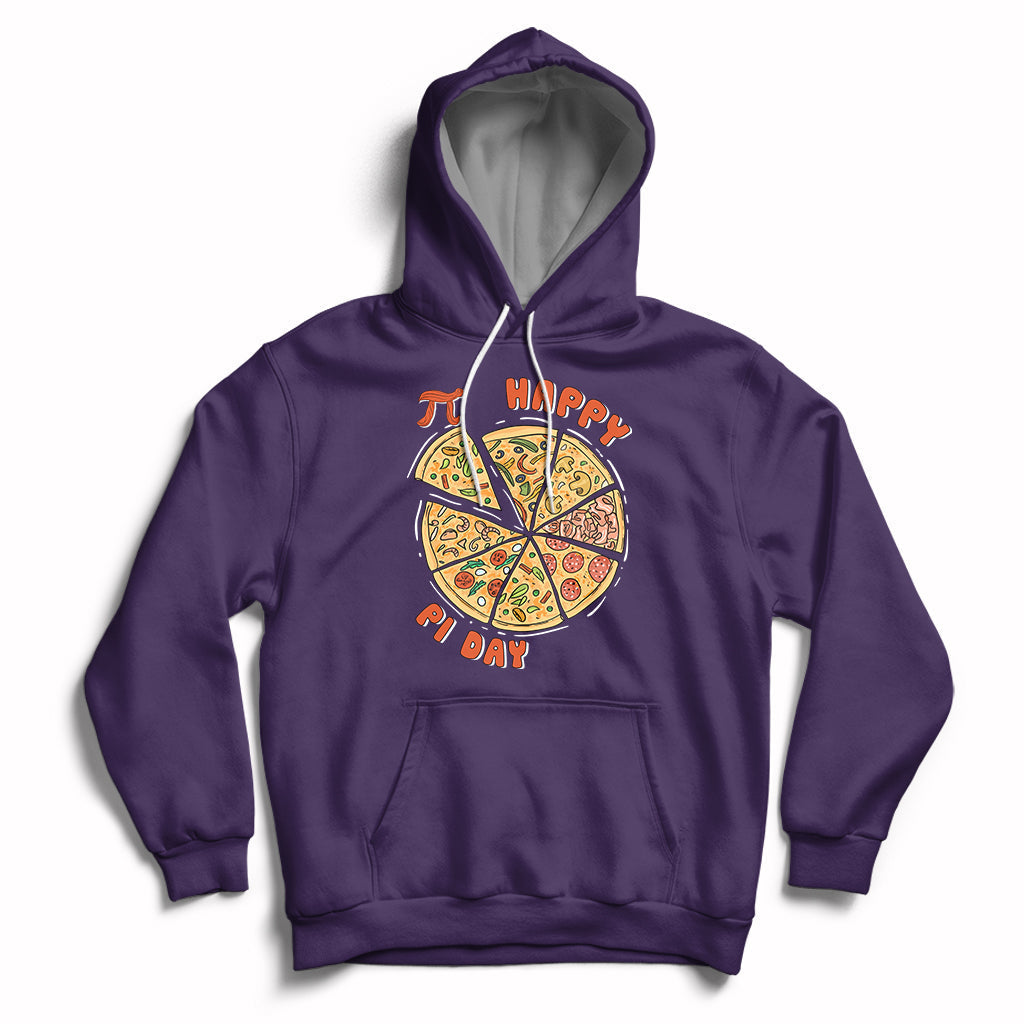 Purple hoodie with hood drawstrings, kangaroo pocket, and Happy Pi Day pizza graphic