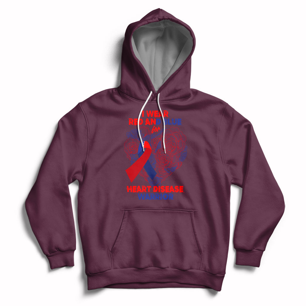 Maroon pullover hoodie with hood and kangaroo pocket; red/blue heart warrior graphic