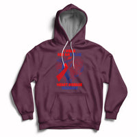 Maroon pullover hoodie with hood and kangaroo pocket; red/blue heart warrior graphic